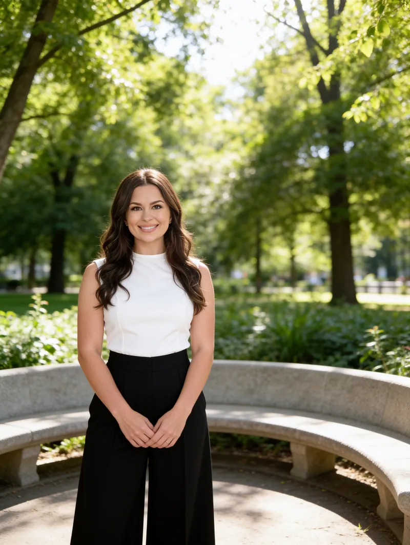 Shayne standing in a park by a curved stone bench