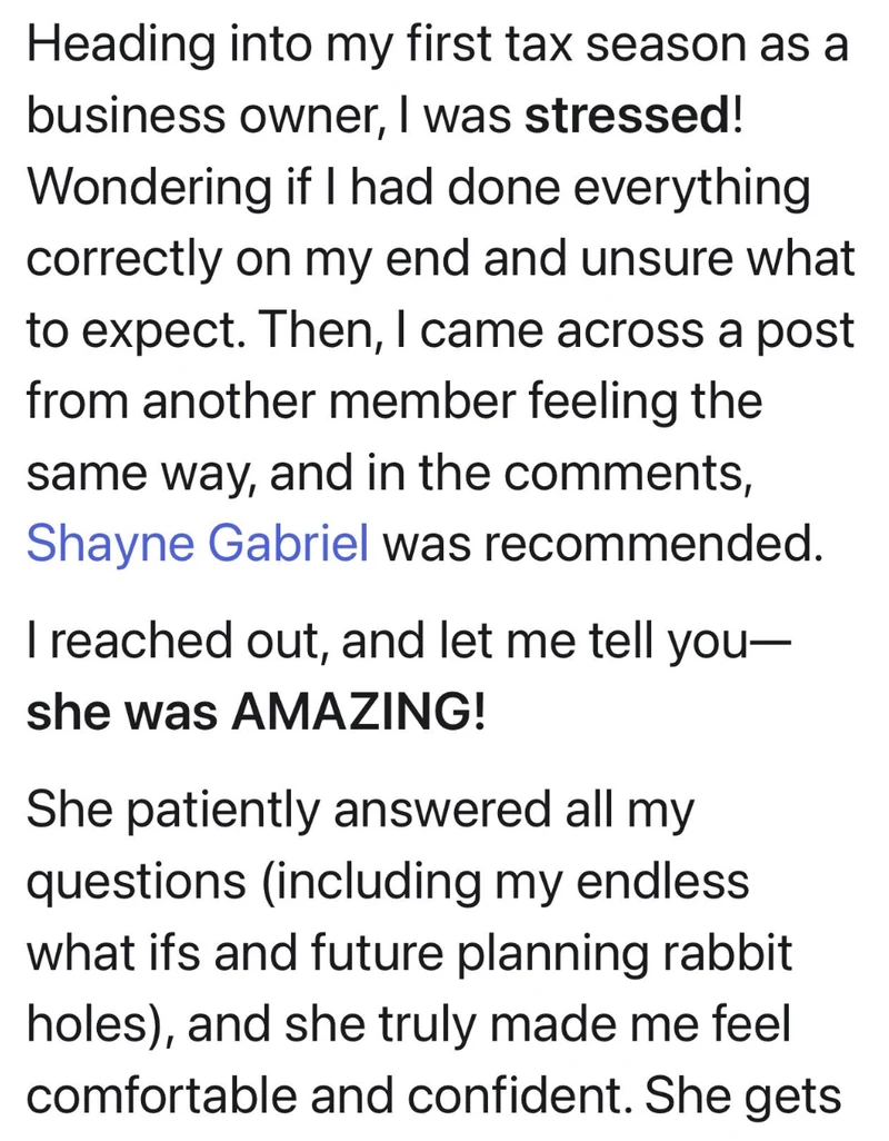 Client review describing a stress-free first tax season as a business owner, she was amazing